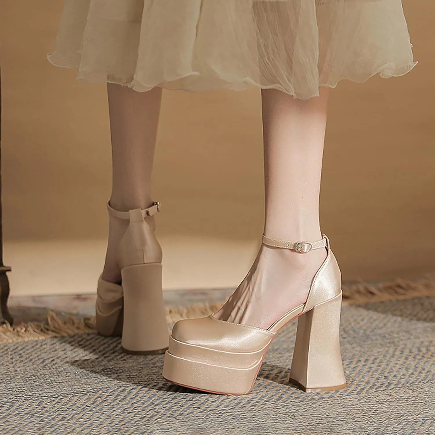 Womens Satin Square Toe Platform Chunky High Heel Pumps Fashion Adjustable Ankle Strap Closed Toe Sexy Block Heels Wedding Evening Party Dress Shoes