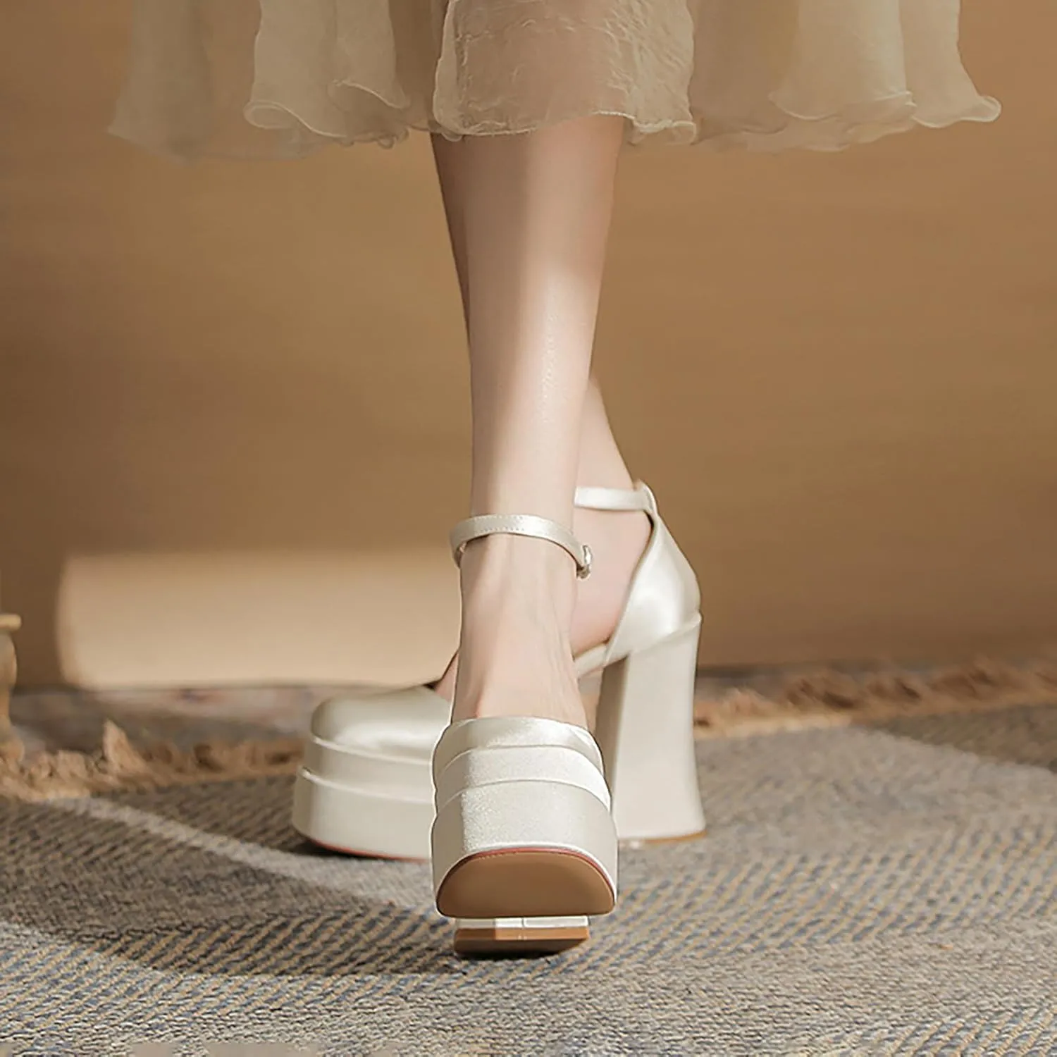 Womens Satin Square Toe Platform Chunky High Heel Pumps Fashion Adjustable Ankle Strap Closed Toe Sexy Block Heels Wedding Evening Party Dress Shoes