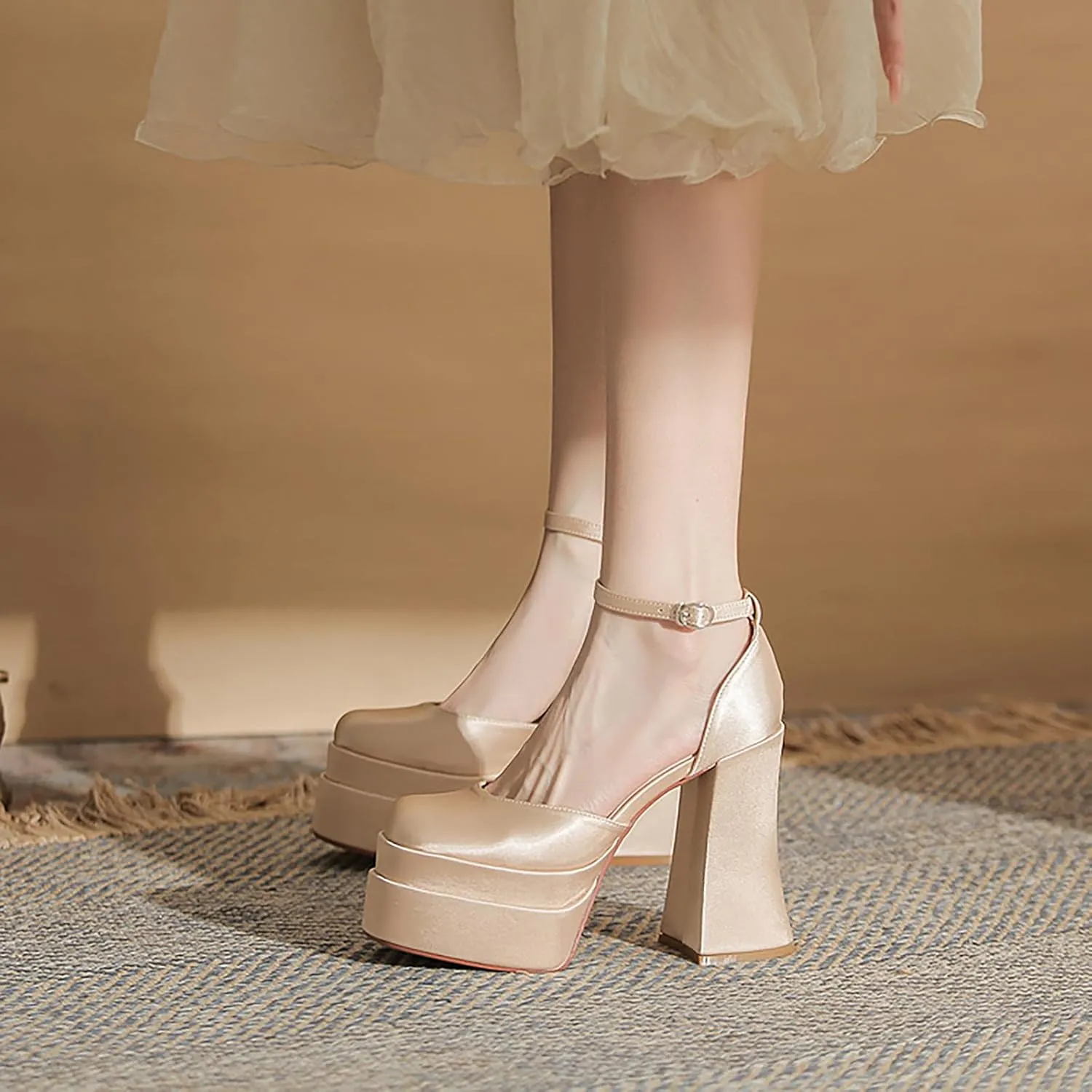 Womens Satin Square Toe Platform Chunky High Heel Pumps Fashion Adjustable Ankle Strap Closed Toe Sexy Block Heels Wedding Evening Party Dress Shoes