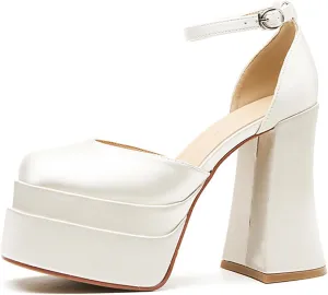 Womens Satin Square Toe Platform Chunky High Heel Pumps Fashion Adjustable Ankle Strap Closed Toe Sexy Block Heels Wedding Evening Party Dress Shoes