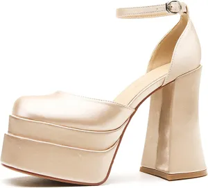 Womens Satin Square Toe Platform Chunky High Heel Pumps Fashion Adjustable Ankle Strap Closed Toe Sexy Block Heels Wedding Evening Party Dress Shoes