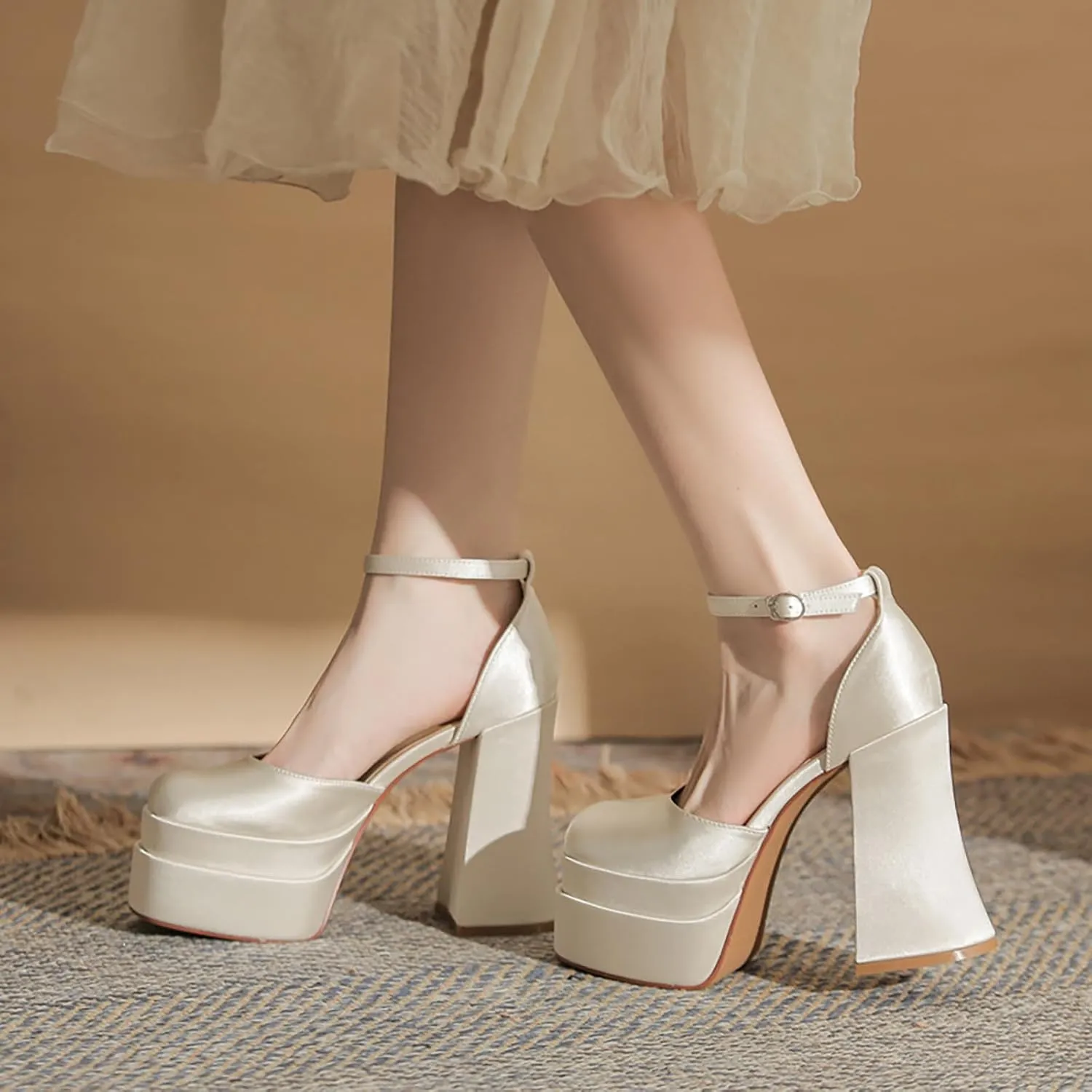 Womens Satin Square Toe Platform Chunky High Heel Pumps Fashion Adjustable Ankle Strap Closed Toe Sexy Block Heels Wedding Evening Party Dress Shoes