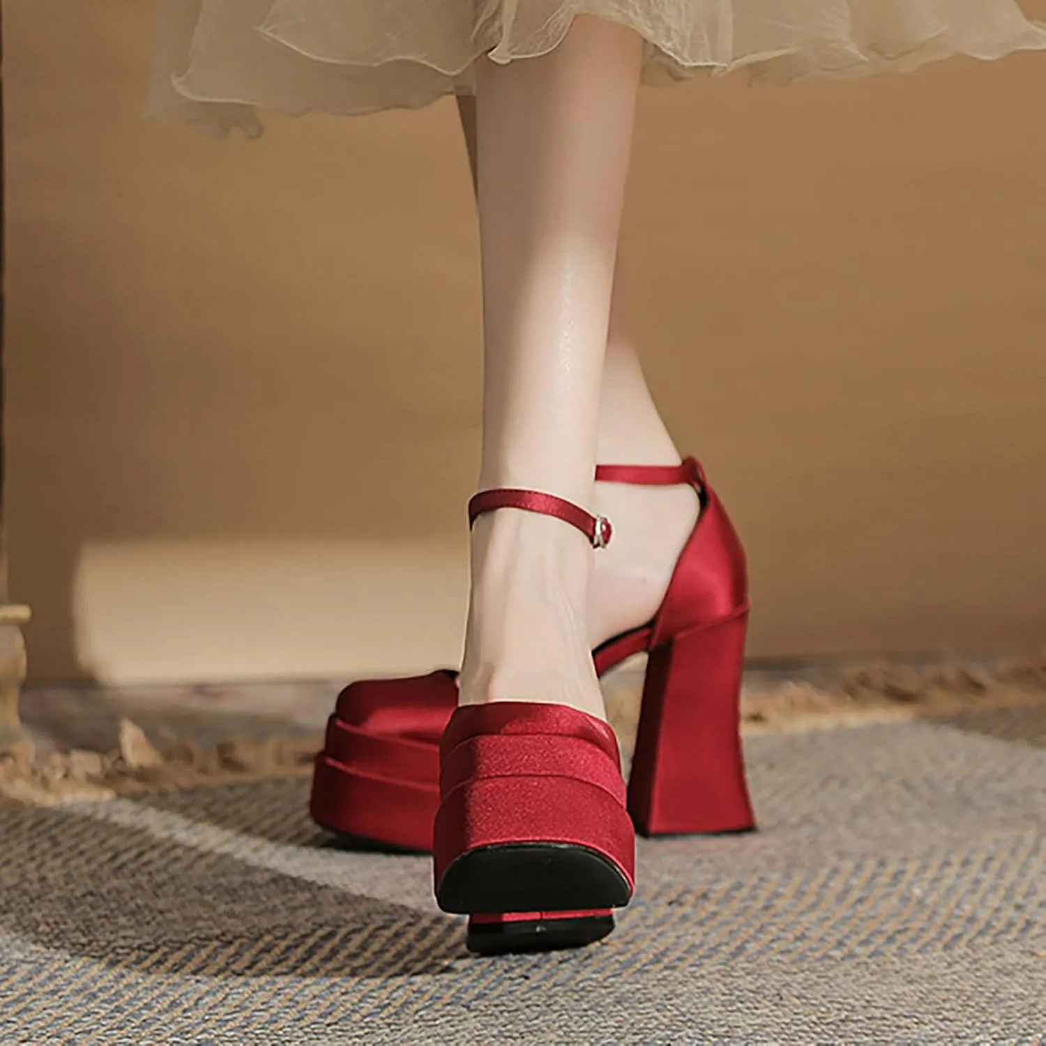 Womens Satin Square Toe Platform Chunky High Heel Pumps Fashion Adjustable Ankle Strap Closed Toe Sexy Block Heels Wedding Evening Party Dress Shoes