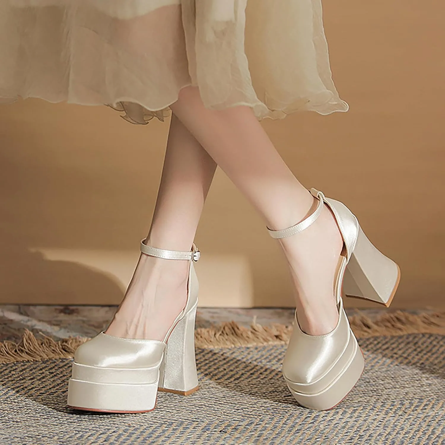 Womens Satin Square Toe Platform Chunky High Heel Pumps Fashion Adjustable Ankle Strap Closed Toe Sexy Block Heels Wedding Evening Party Dress Shoes
