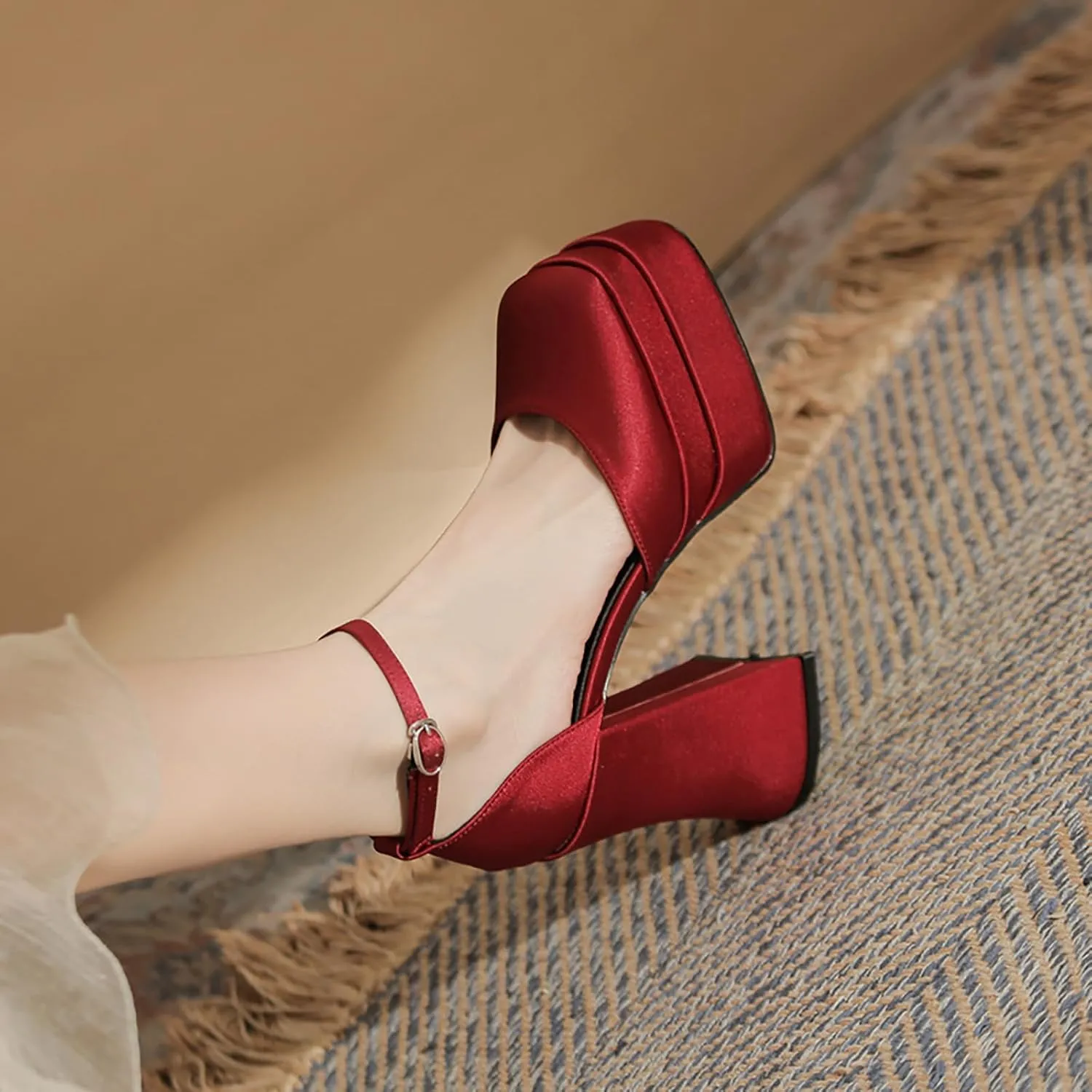 Womens Satin Square Toe Platform Chunky High Heel Pumps Fashion Adjustable Ankle Strap Closed Toe Sexy Block Heels Wedding Evening Party Dress Shoes