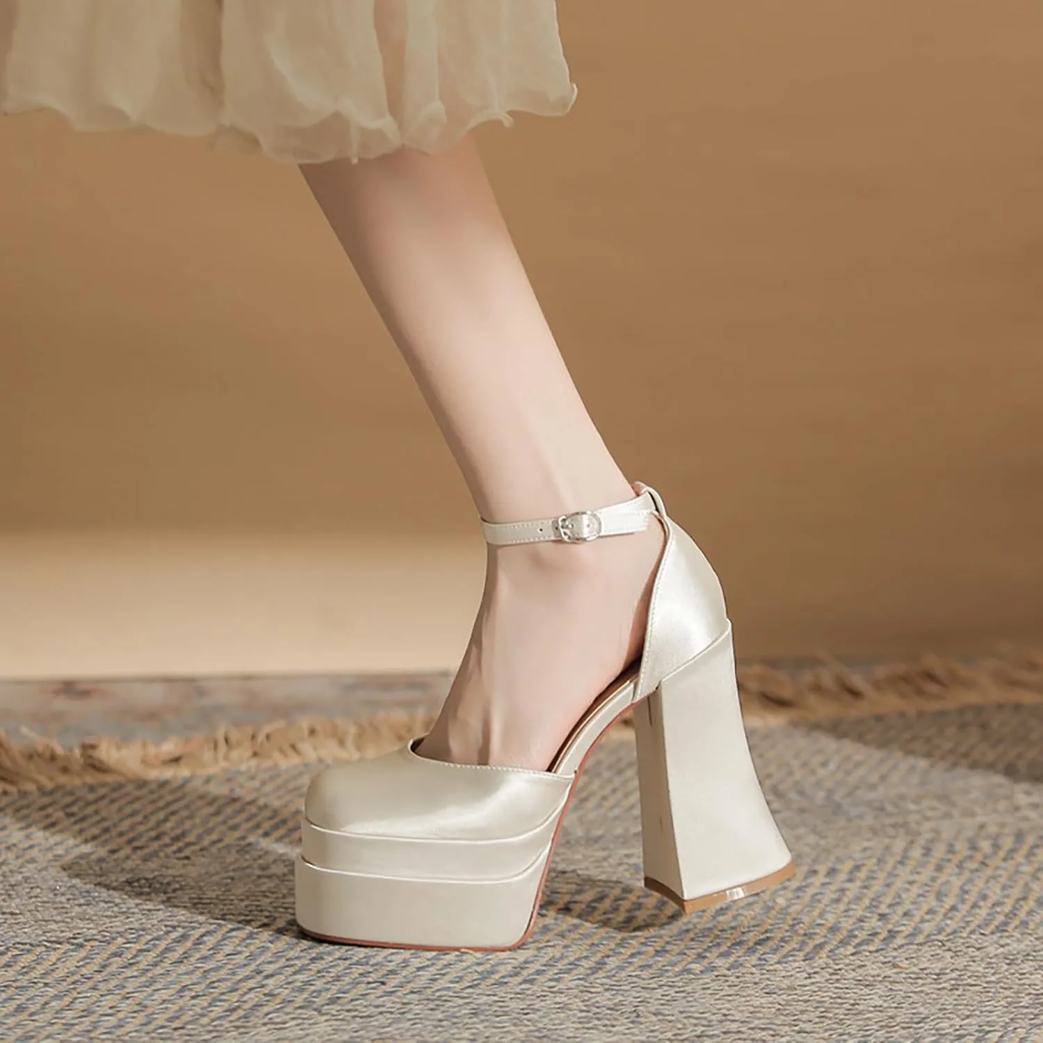 Womens Satin Square Toe Platform Chunky High Heel Pumps Fashion Adjustable Ankle Strap Closed Toe Sexy Block Heels Wedding Evening Party Dress Shoes