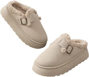 Women's Slippers Platform Mini Boots, Short Ankle Boot With Buckle, Fur Fleece Lined, Winter Warm Indoor Outdoor Thick Sole Plush Slipper Boots