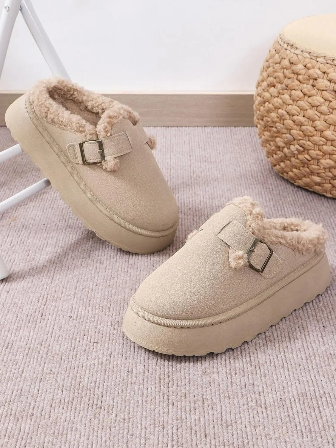 Women's Slippers Platform Mini Boots, Short Ankle Boot With Buckle, Fur Fleece Lined, Winter Warm Indoor Outdoor Thick Sole Plush Slipper Boots