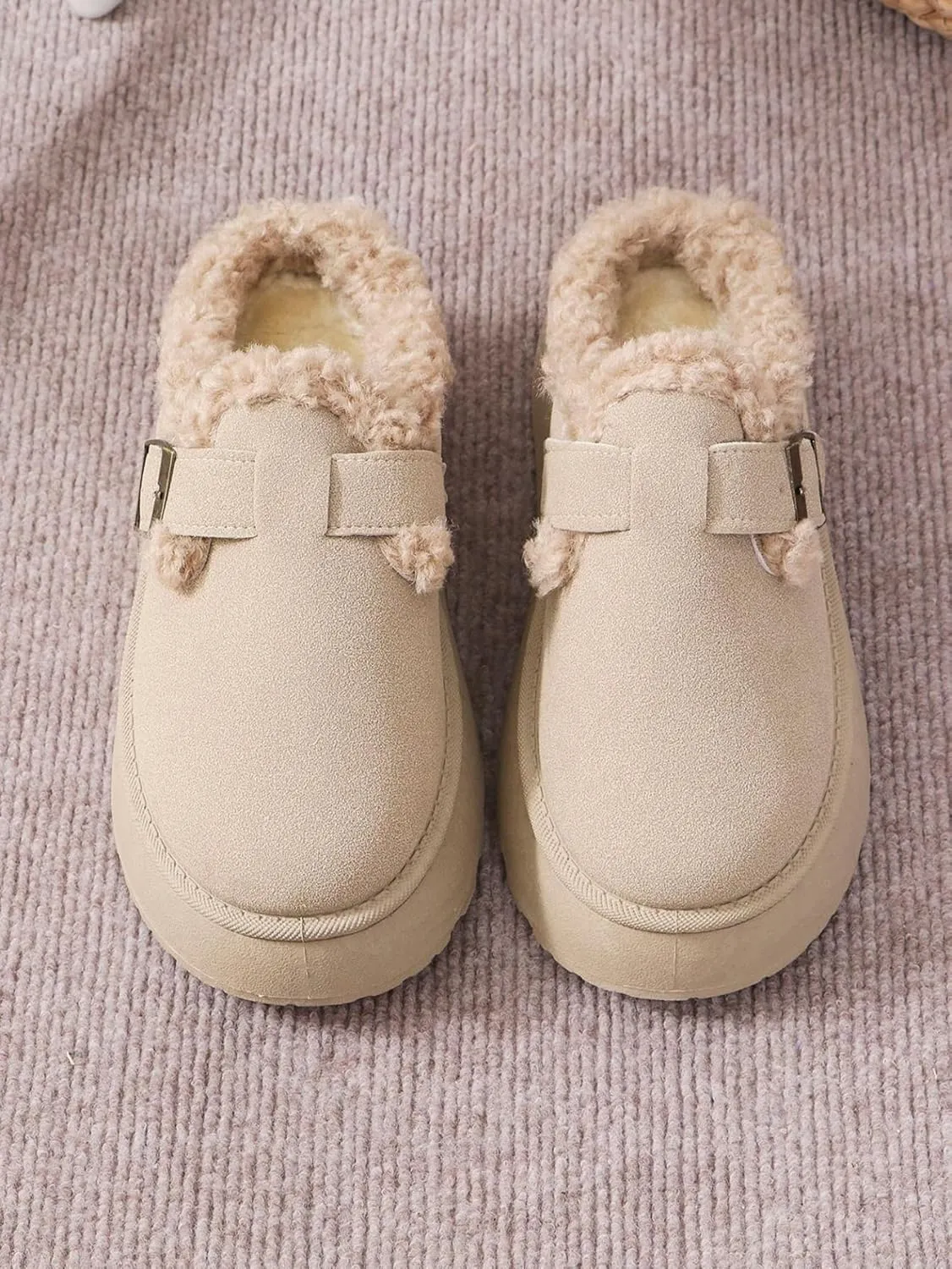 Women's Slippers Platform Mini Boots, Short Ankle Boot With Buckle, Fur Fleece Lined, Winter Warm Indoor Outdoor Thick Sole Plush Slipper Boots