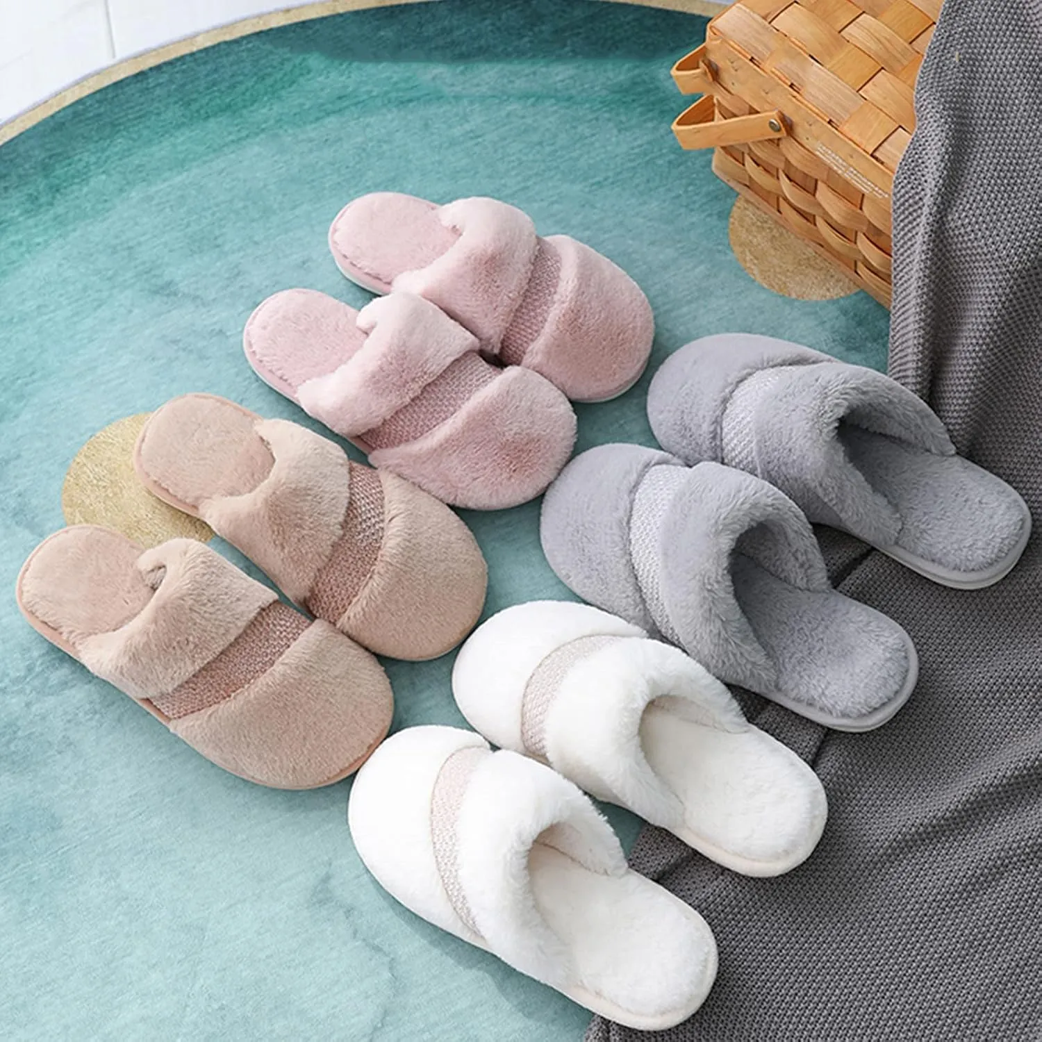 Women's Soft Plush Fluffy House Slippers Memory Foam, Comfy Fuzzy Non-Slip Indoor/Outdoor Slippers for Women, Cozy Warm Winter Slip-on Womens Home Bedroom Slippers with Anti-Skid Outsole