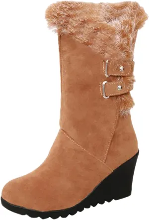 Women's Winter Wedge Heeled Medium Boots Plush Warm And Comfortable Snow Boots Womens Wide Calf Knee High Boots Size7