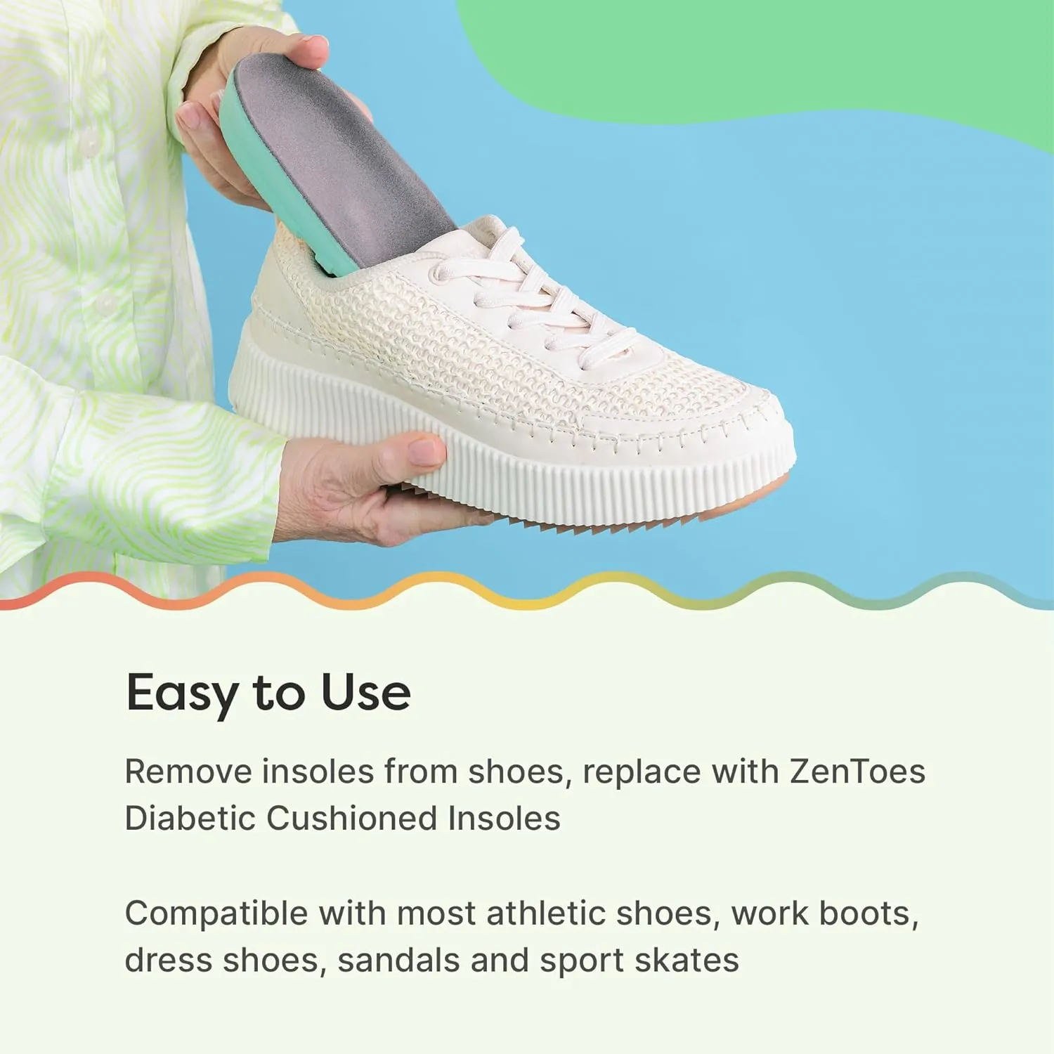 ZenToes Diabetic Cushioned Insoles for Men and Women, Shock Absorbing Plastazote Foam Pads for Plantar Fasciitis, Metatarsalgia, Morton's Neuroma Relief - 1 Pair (M10/W11.5)